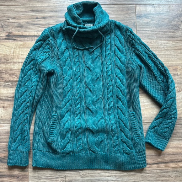 LL Bean Double L Mixed-Cable Sweater Funnelneck Women’s Sz Medium TEAL Chunky - Picture 2 of 8